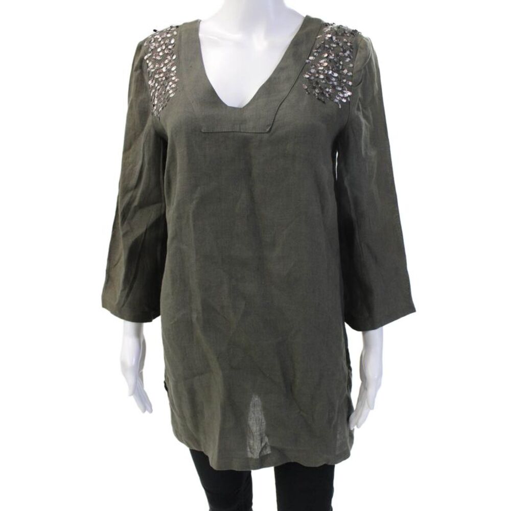 Domenico Vacca Women Linen V-Neck Tunic 3/4 Sleeve Button Solid Green Size 6